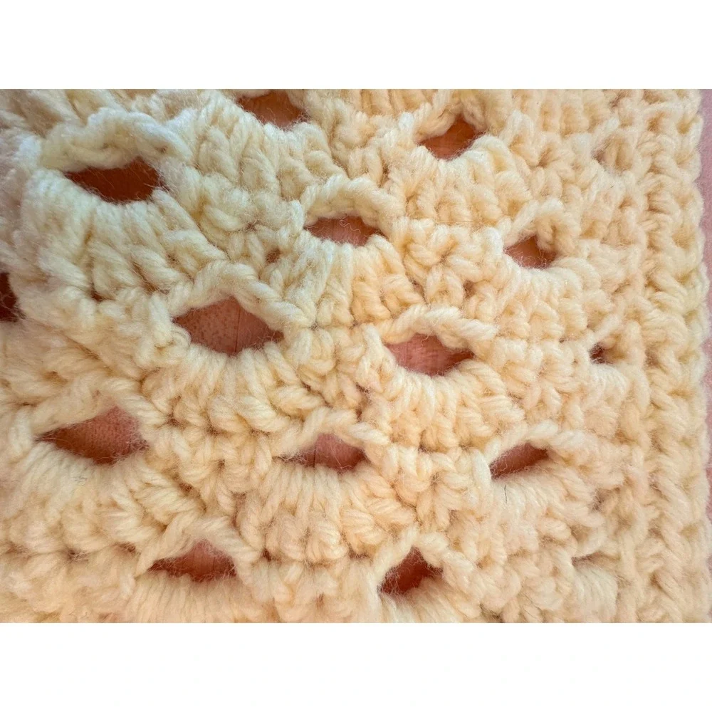 Handmade Crochet Blanket Baby‎ Yellow Cream Boho Afghan Cozy Vintage 45
